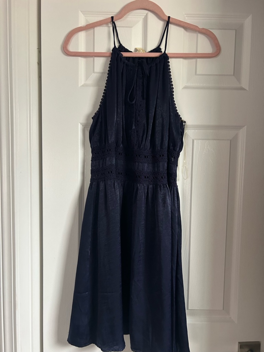 Miami Navy Halter Midi Dress with Lace Trim
